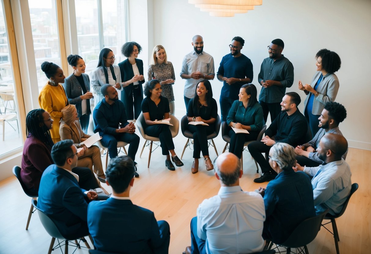 A group of diverse individuals gather in a welcoming, light-filled space, discussing and sharing ideas about humanist celebrations and traditions