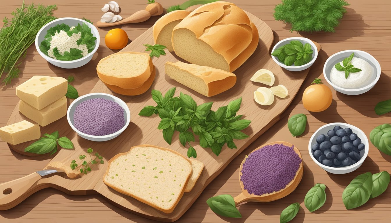 A variety of healthy and dietary focaccia bread substitutes displayed on a wooden cutting board with fresh herbs and ingredients surrounding them