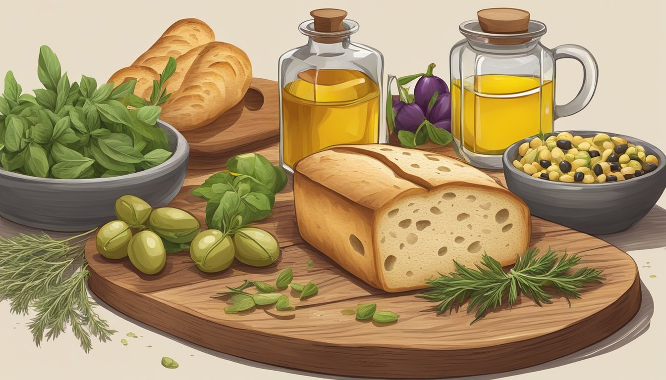 A rustic wooden table with a variety of herbs, olive oil, and fresh vegetables arranged around a freshly baked focaccia bread