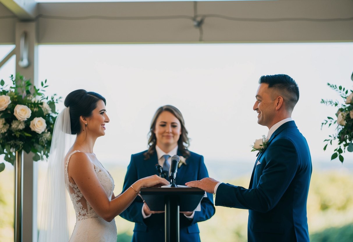 A person standing at a podium with a couple in front of them, exchanging vows in a ceremony setting
