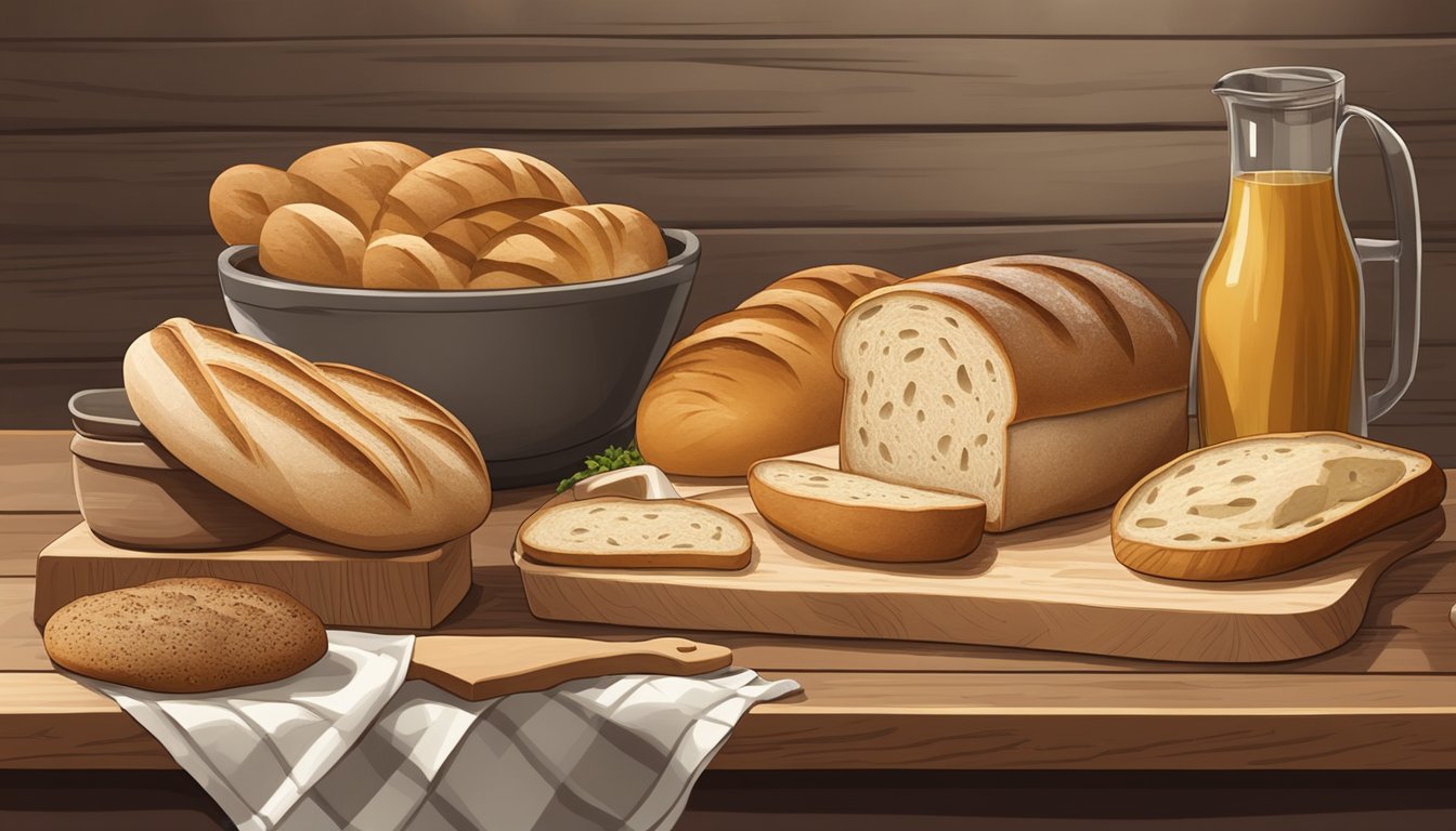 A rustic kitchen scene with various bread types displayed on a wooden cutting board, including focaccia, baguette, ciabatta, and sourdough