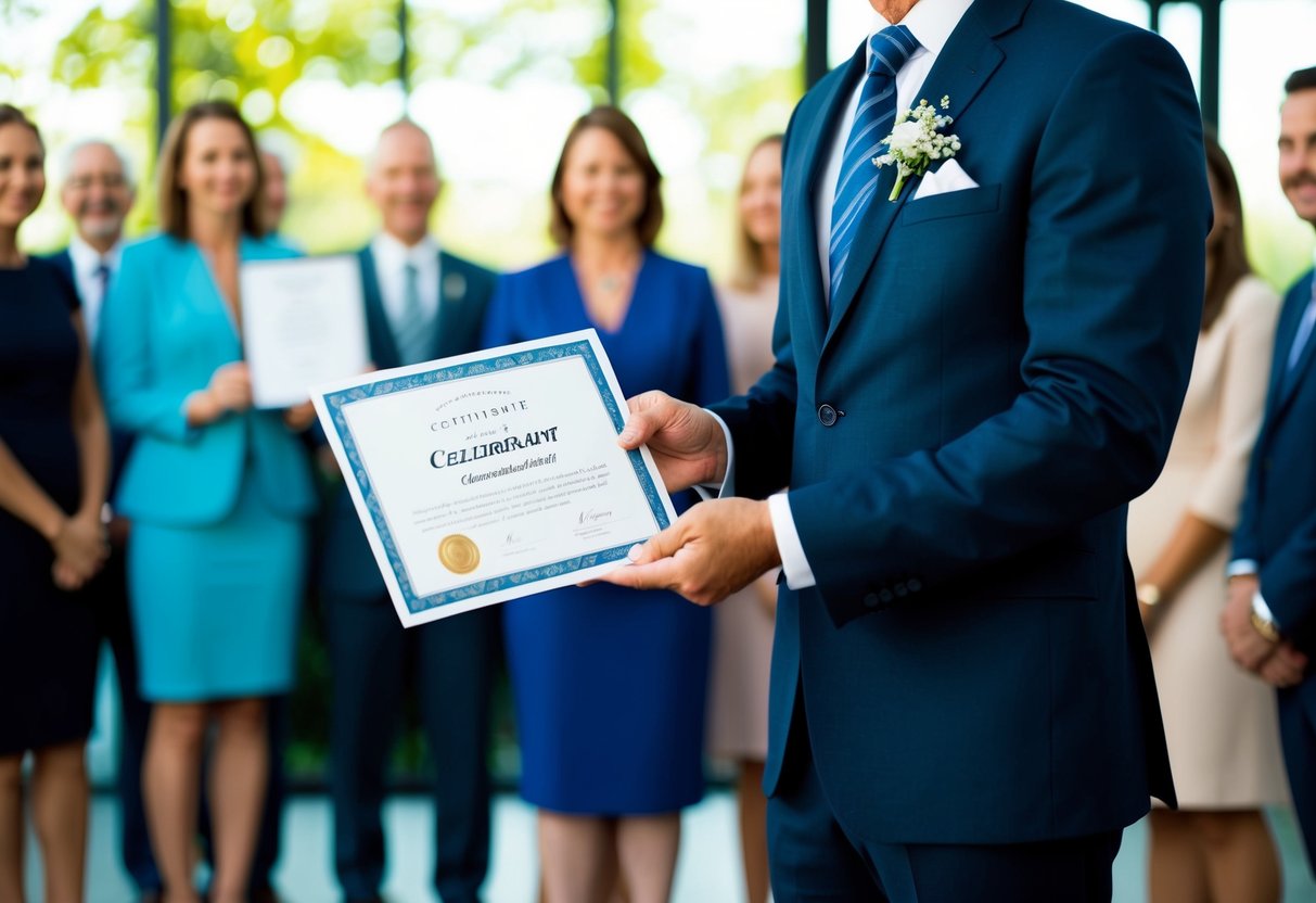 A celebrant holding a certificate while standing in front of a group of people