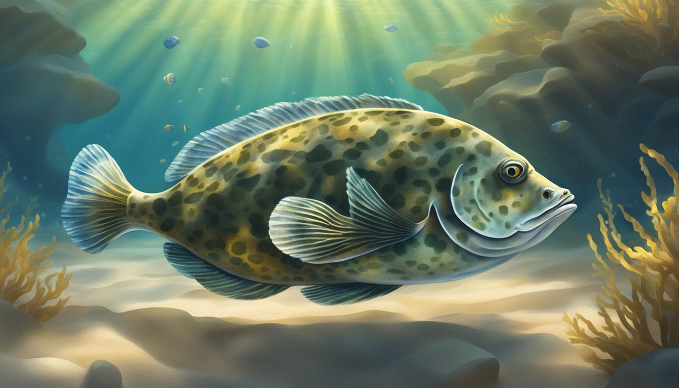 A flounder swimming in a clear, sandy seabed with scattered rocks and seaweed. Sunlight filters through the water, casting dappled shadows on the ocean floor