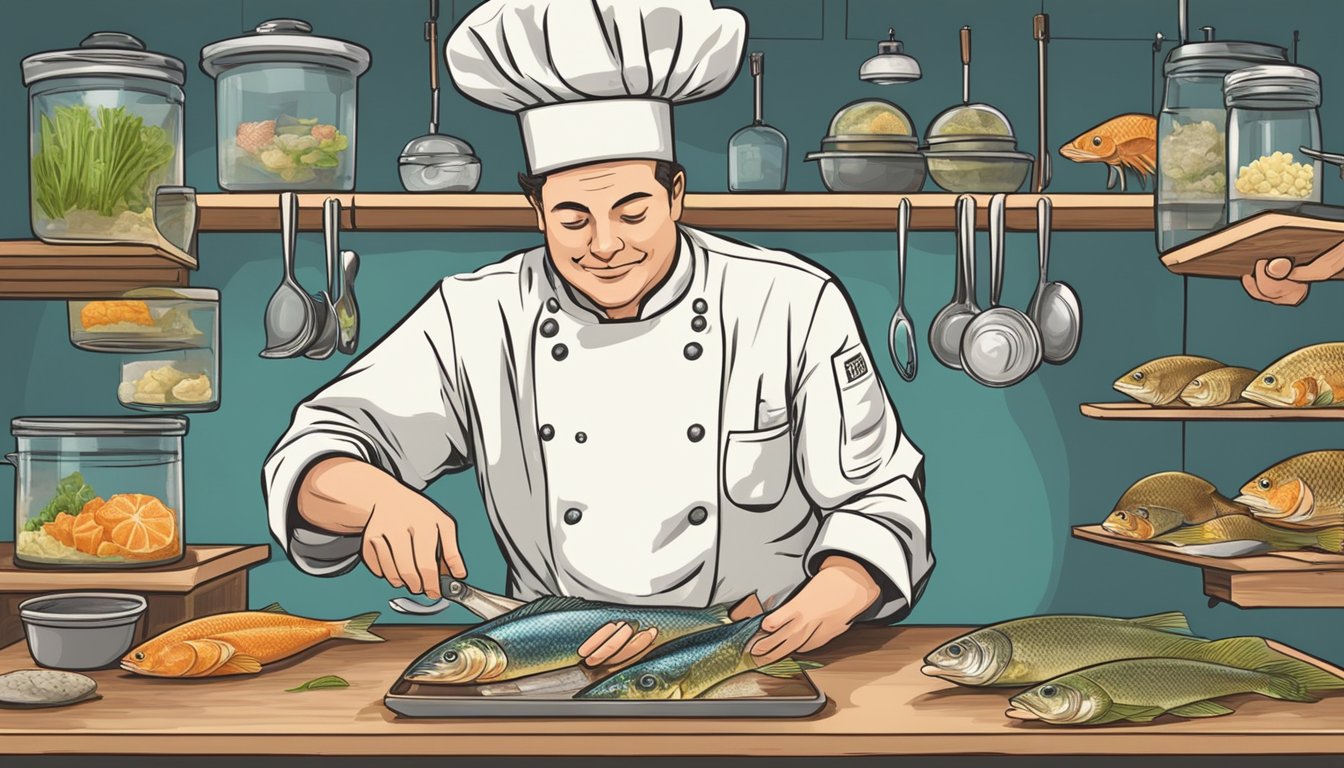 A chef carefully comparing different types of fish for potential substitutes for flounder in a recipe