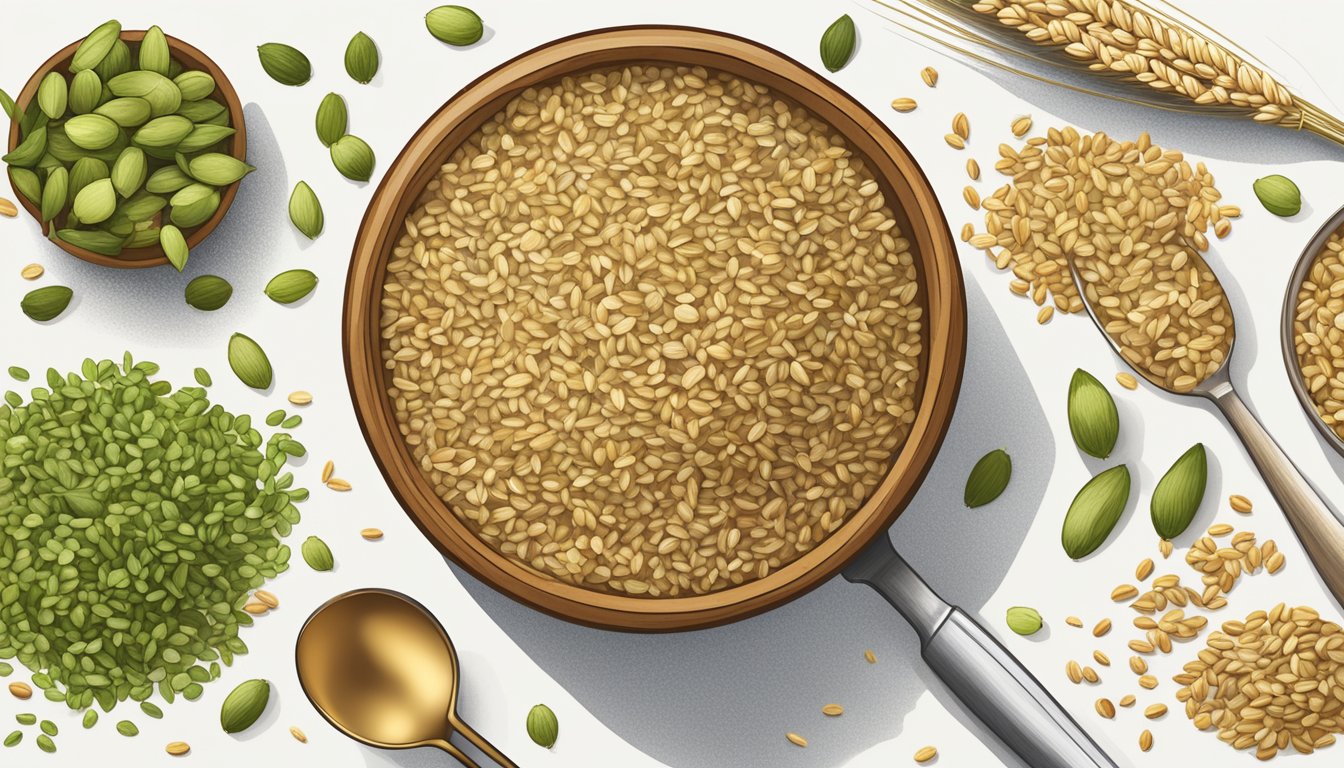 A bowl of freekeh surrounded by various grains and seeds, with a measuring spoon and a recipe book open to a page on freekeh substitutes