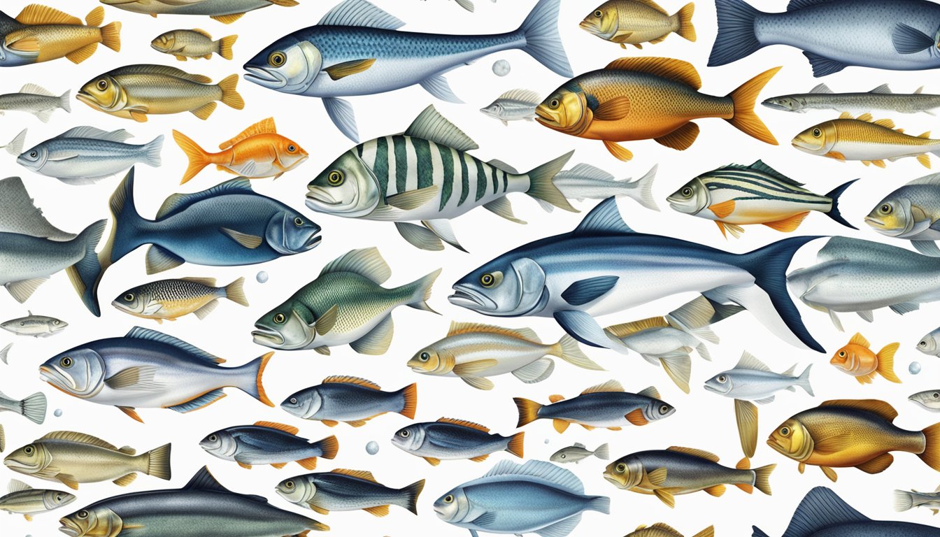 A variety of fish species arranged on a clean, white surface