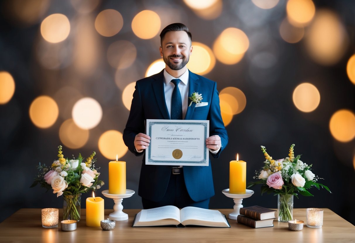 A celebrant holding a certificate, surrounded by symbolic items like flowers, candles, and a book