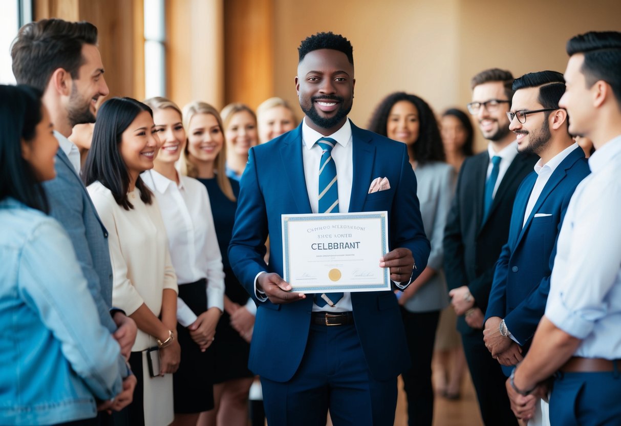 A celebrant stands confidently in front of a group, holding a certificate. A line of eager clients waits to speak with them