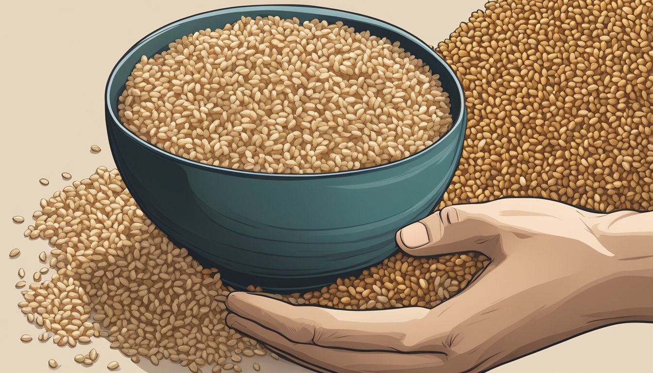 A hand reaching for a bowl of quinoa, bulgur, and brown rice, with freekeh in the background