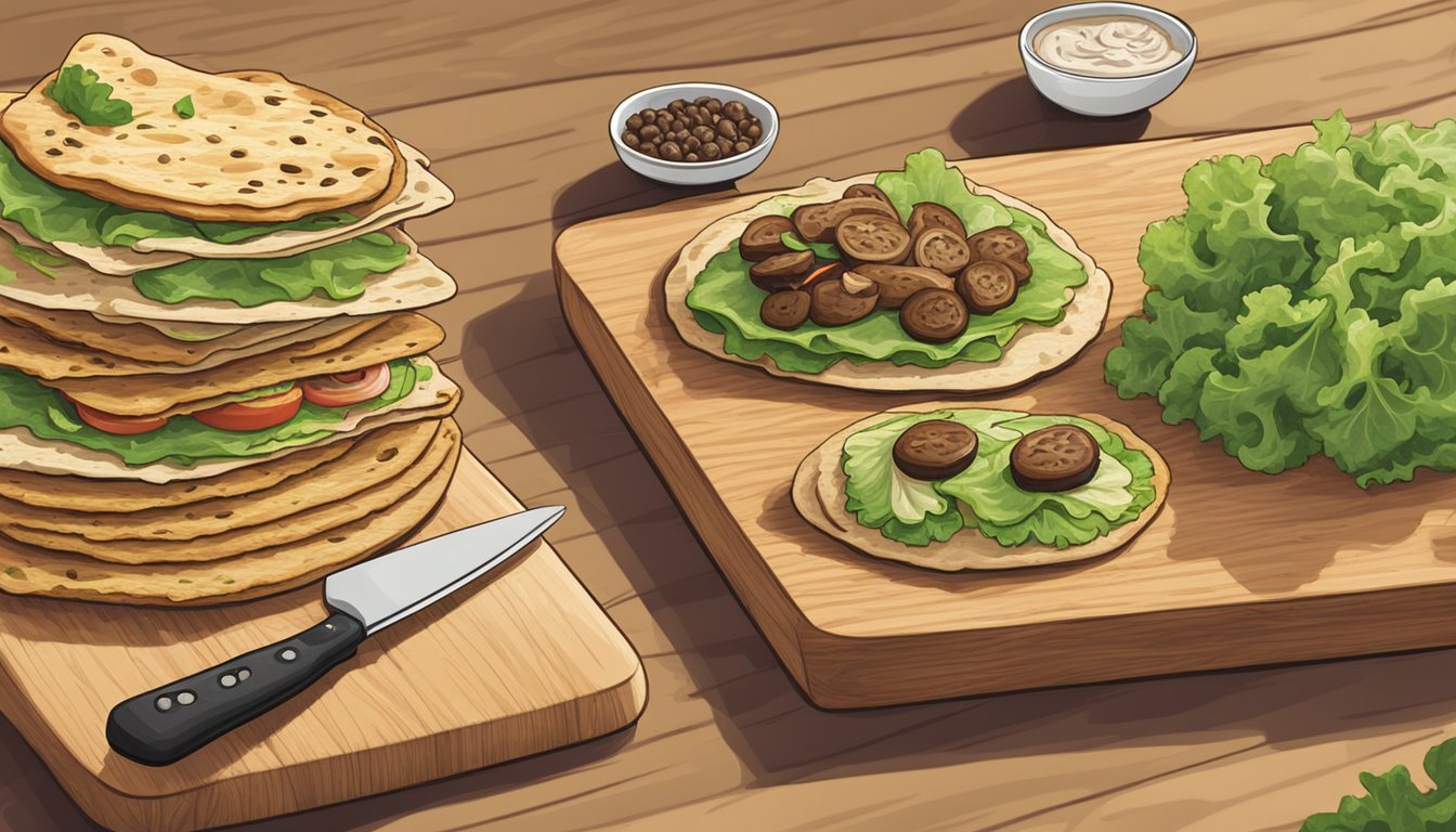 A variety of flatbread substitutes including cauliflower crust, lettuce wraps, and portobello mushrooms displayed on a wooden cutting board