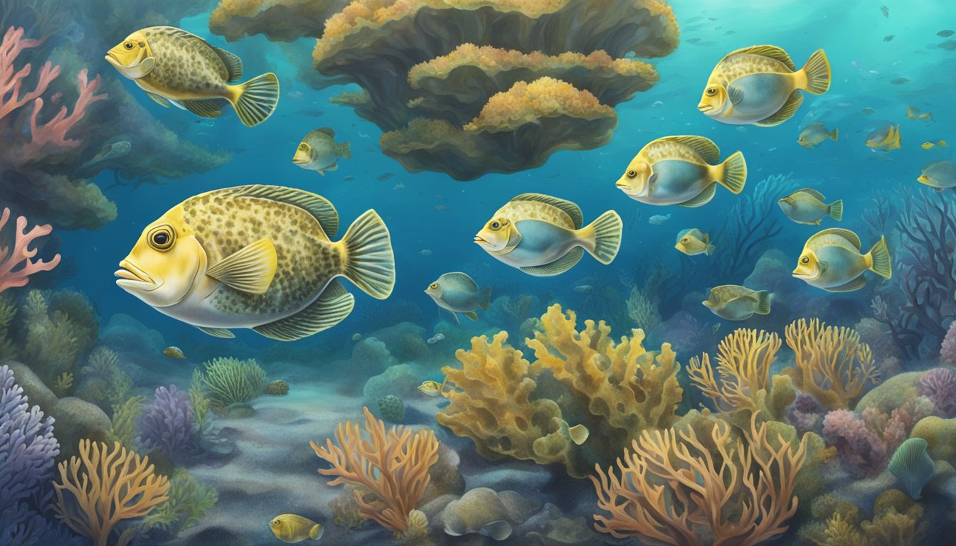 A school of flounder swims among coral and seaweed, with other sea creatures nearby