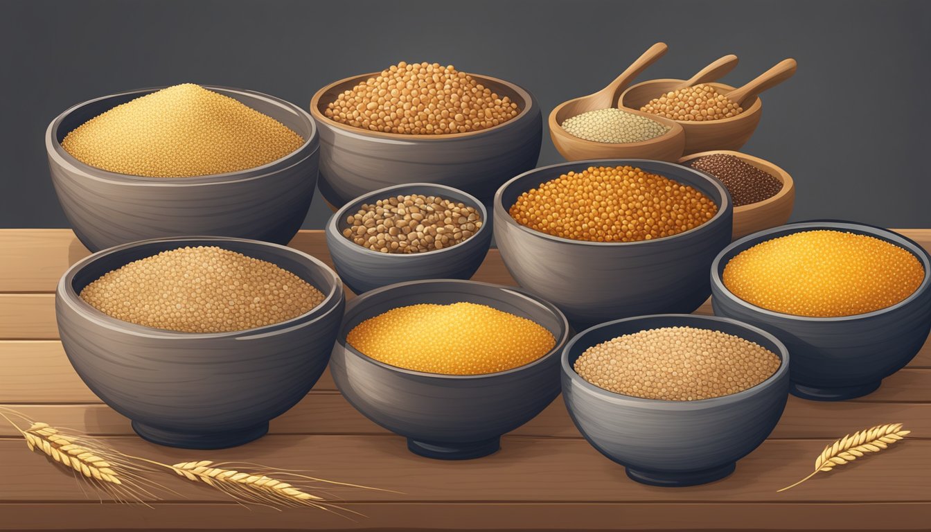 A rustic wooden table with an assortment of grains and seeds, including bulgur, quinoa, and barley, displayed in small bowls