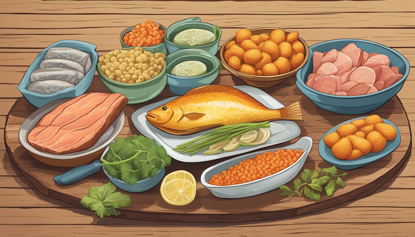 A colorful array of plant-based and meat alternative flounder substitutes displayed on a rustic wooden table at a seafood market