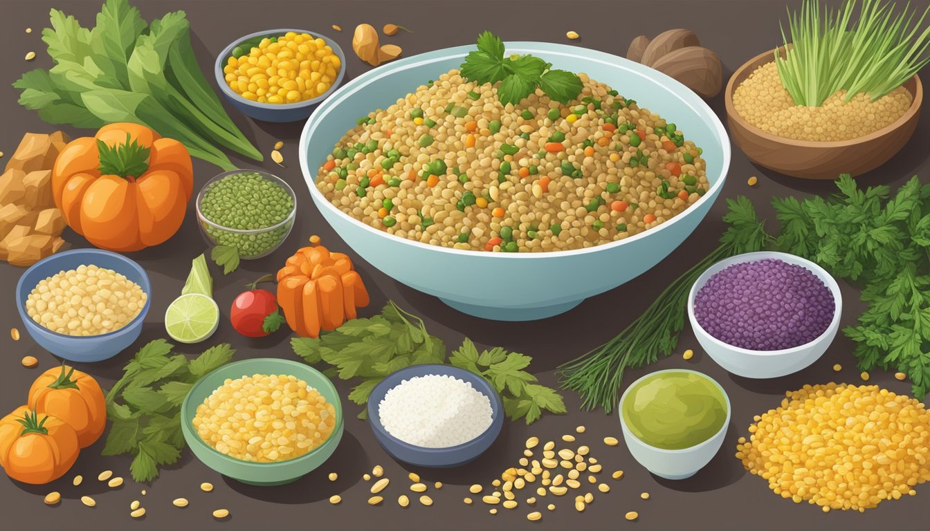 A bowl of freekeh next to gluten-free alternatives like quinoa, rice, and corn, with a variety of colorful vegetables and herbs scattered around