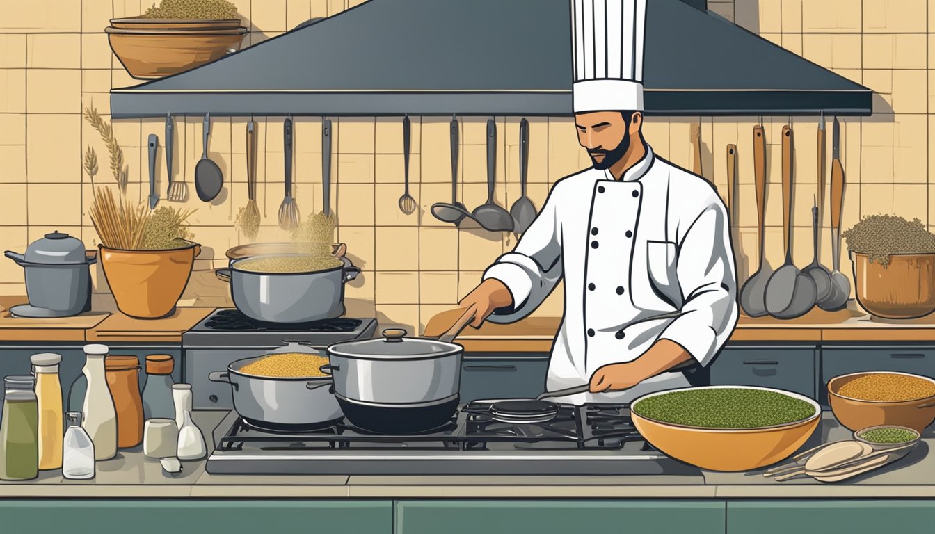 A chef cooks freekeh substitutes in a bustling kitchen, surrounded by various grains and cooking utensils. A pot simmers on the stove as the chef prepares a flavorful and nutritious meal