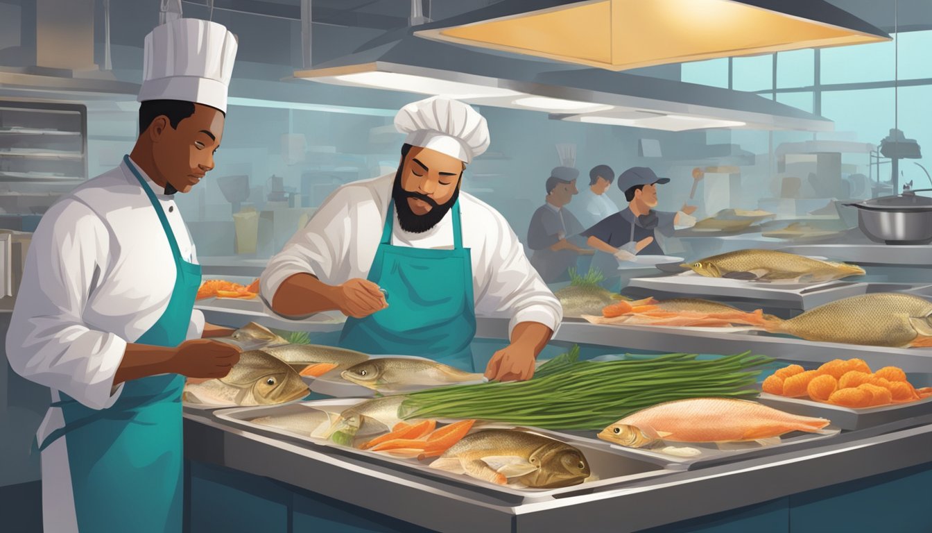 A person at a fish market examines various types of fish as potential substitutes for flounder, while a chef in a kitchen prepares a dish using one of the substitutes