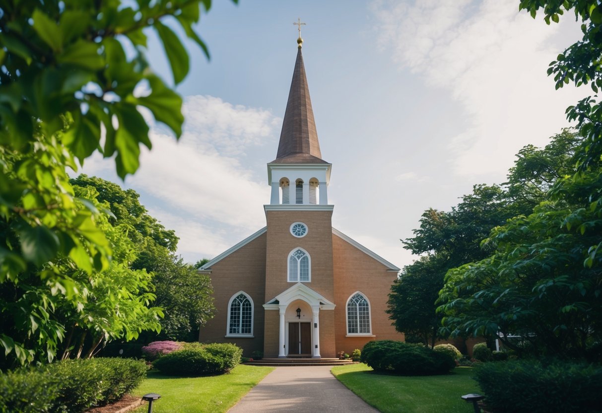 A traditional church with a steeple and arched windows, surrounded by lush greenery and a pathway leading to the entrance