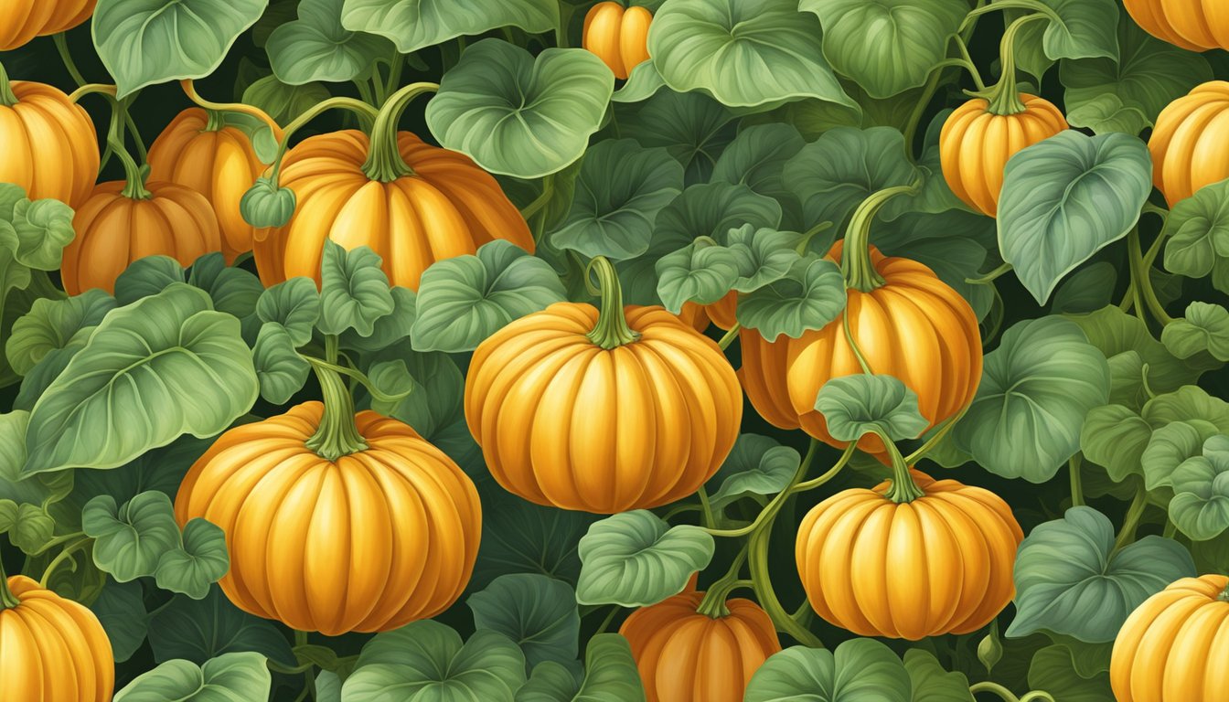 A vibrant fluted pumpkin plant with large, deeply ridged leaves and orange-yellow gourd-like fruits growing on a vine in a lush garden setting