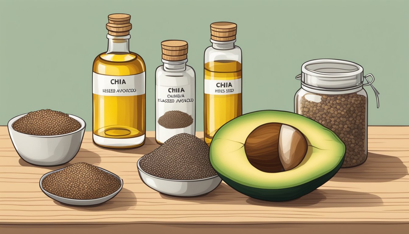 A table with various flaxseed oil substitutes: chia seeds, hemp seeds, walnuts, and avocado. A bottle of flaxseed oil sits next to them