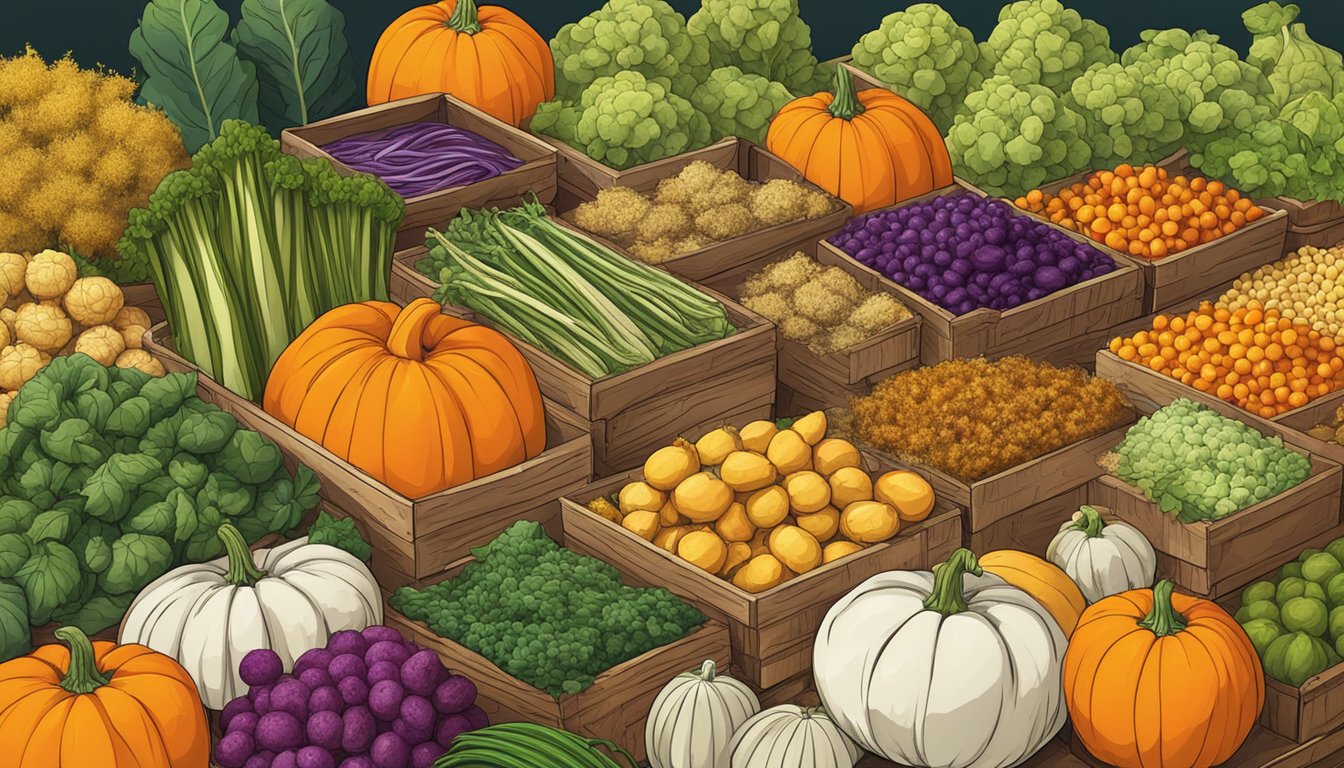 A variety of alternative vegetables, including fluted pumpkin substitutes, are arranged in a colorful and vibrant display at a market stall