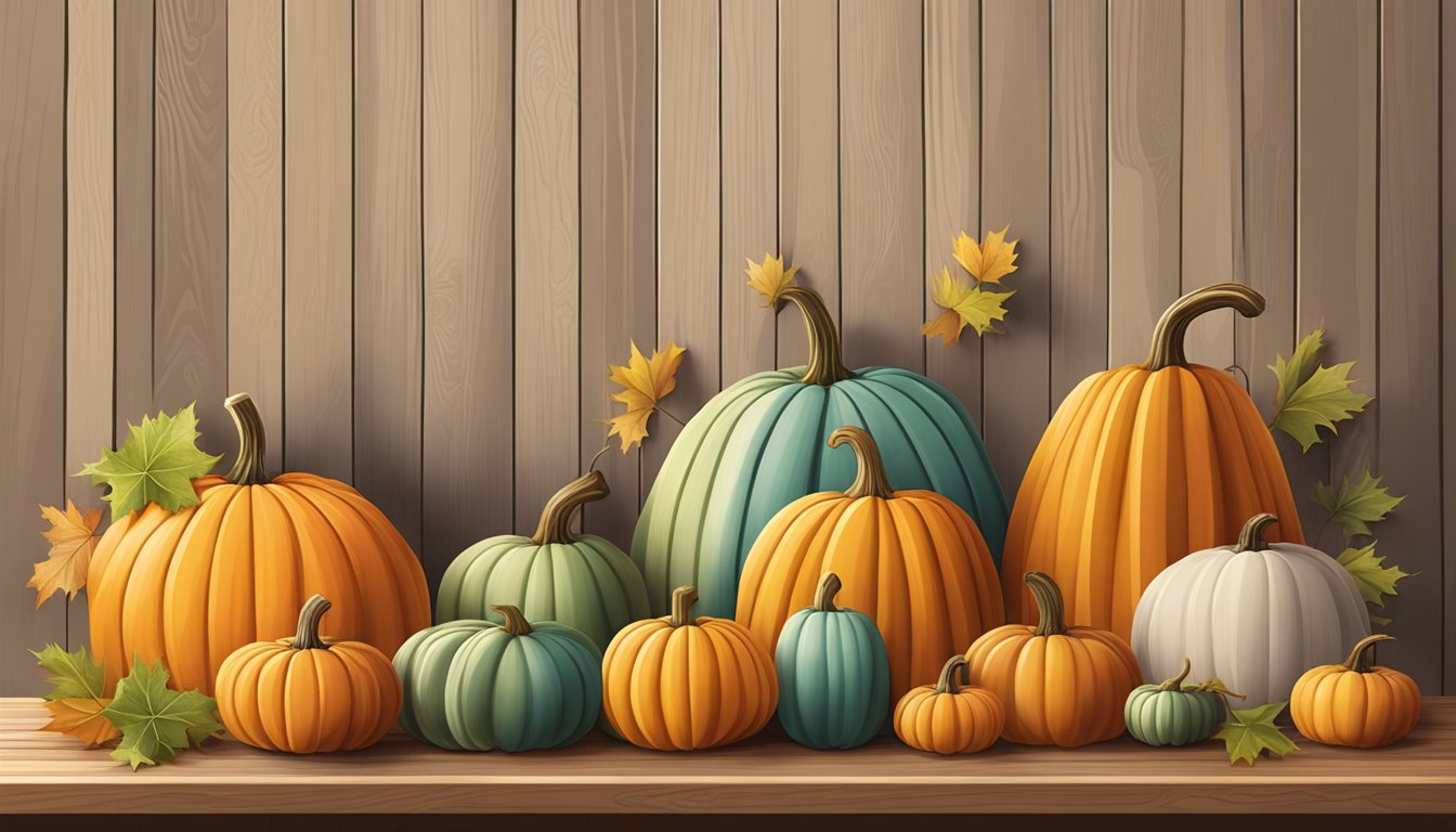 A variety of fluted pumpkin substitutes displayed on a wooden table with different shapes, sizes, and colors