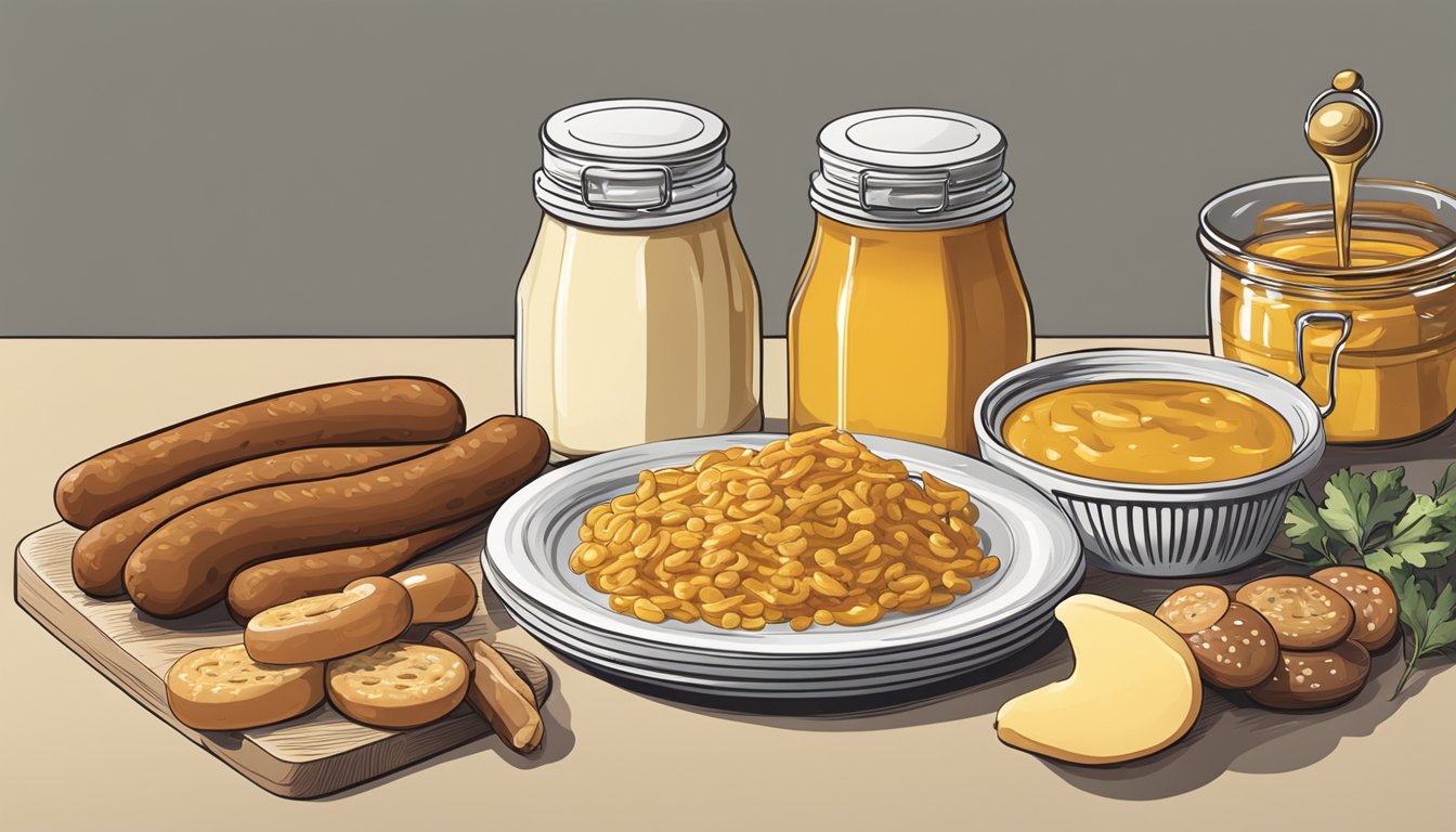 A jar of Dijon mustard sits next to a plate of sausages and pretzels, with various ingredients like honey, mayo, and vinegar nearby