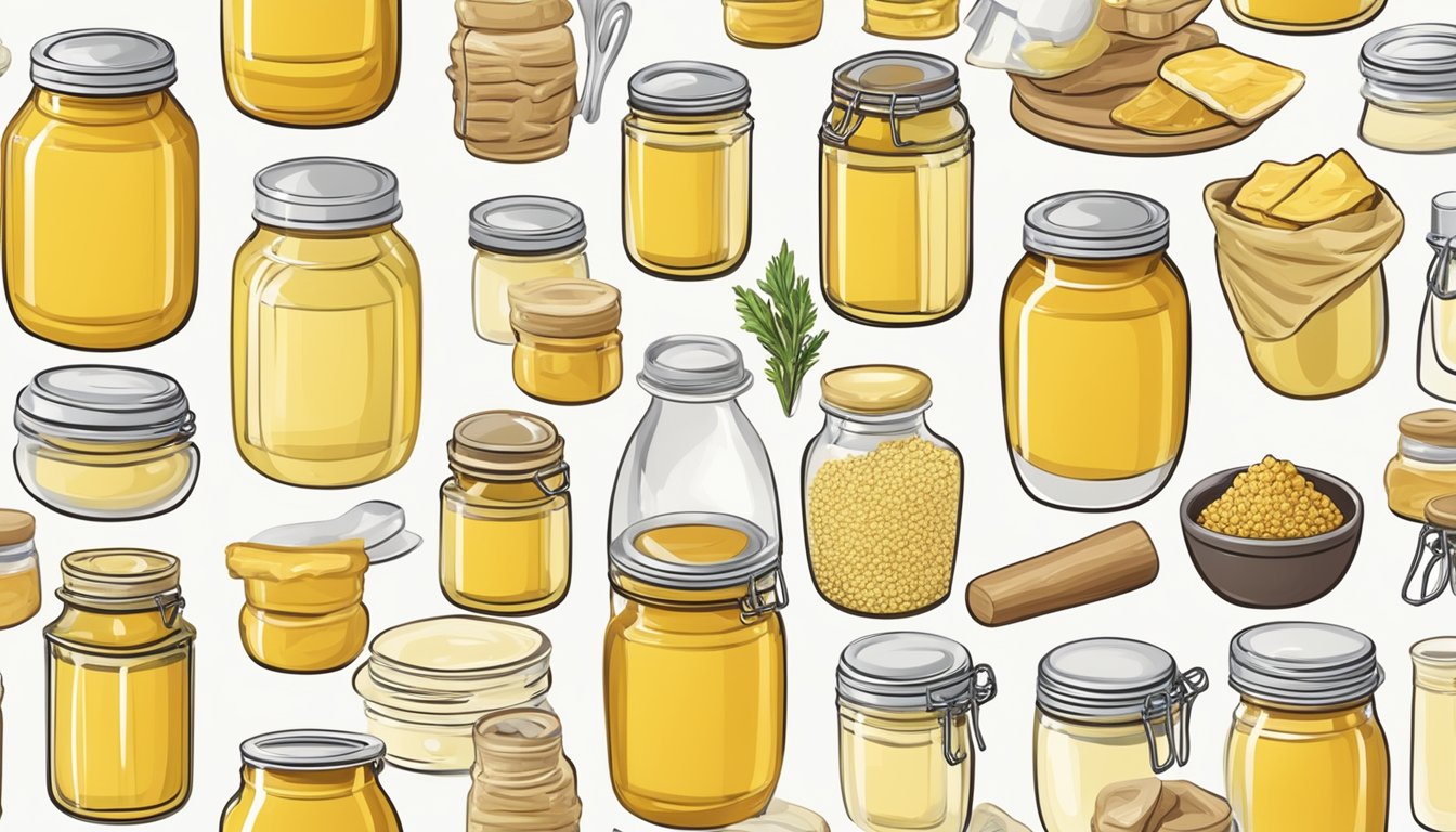 A jar of Dijon mustard surrounded by a variety of substitute options such as honey, mayonnaise, and vinegar