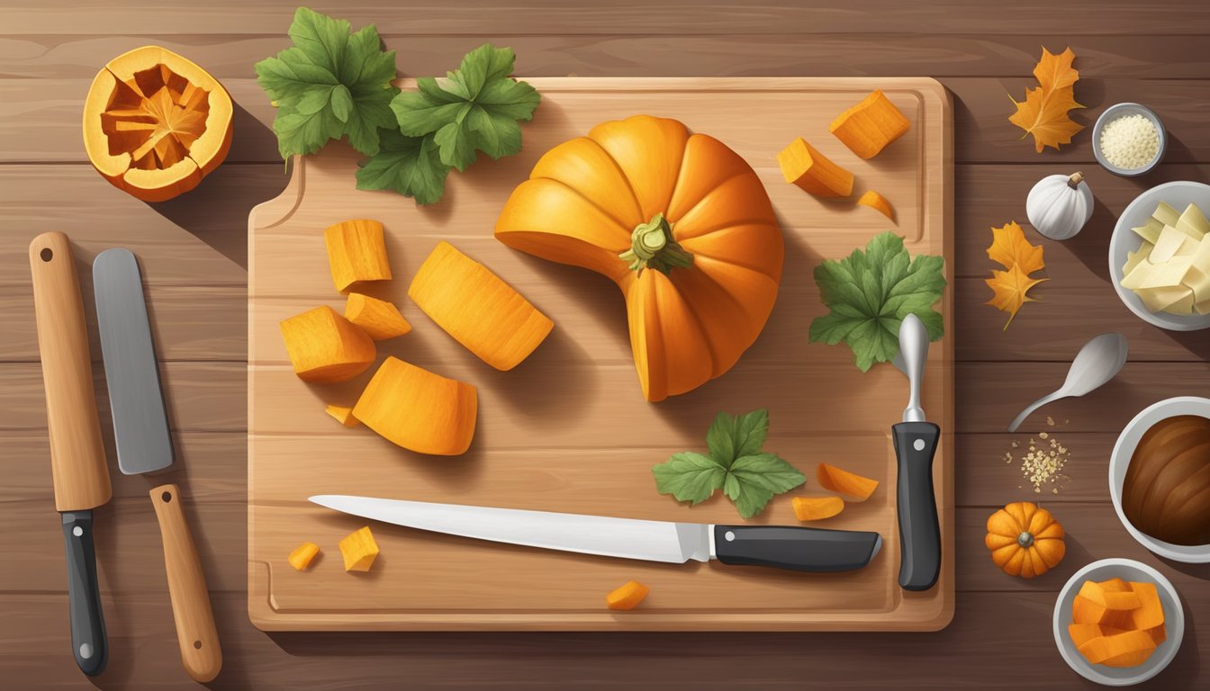 A chef slicing and dicing fluted pumpkin substitutes with various kitchen utensils on a wooden cutting board