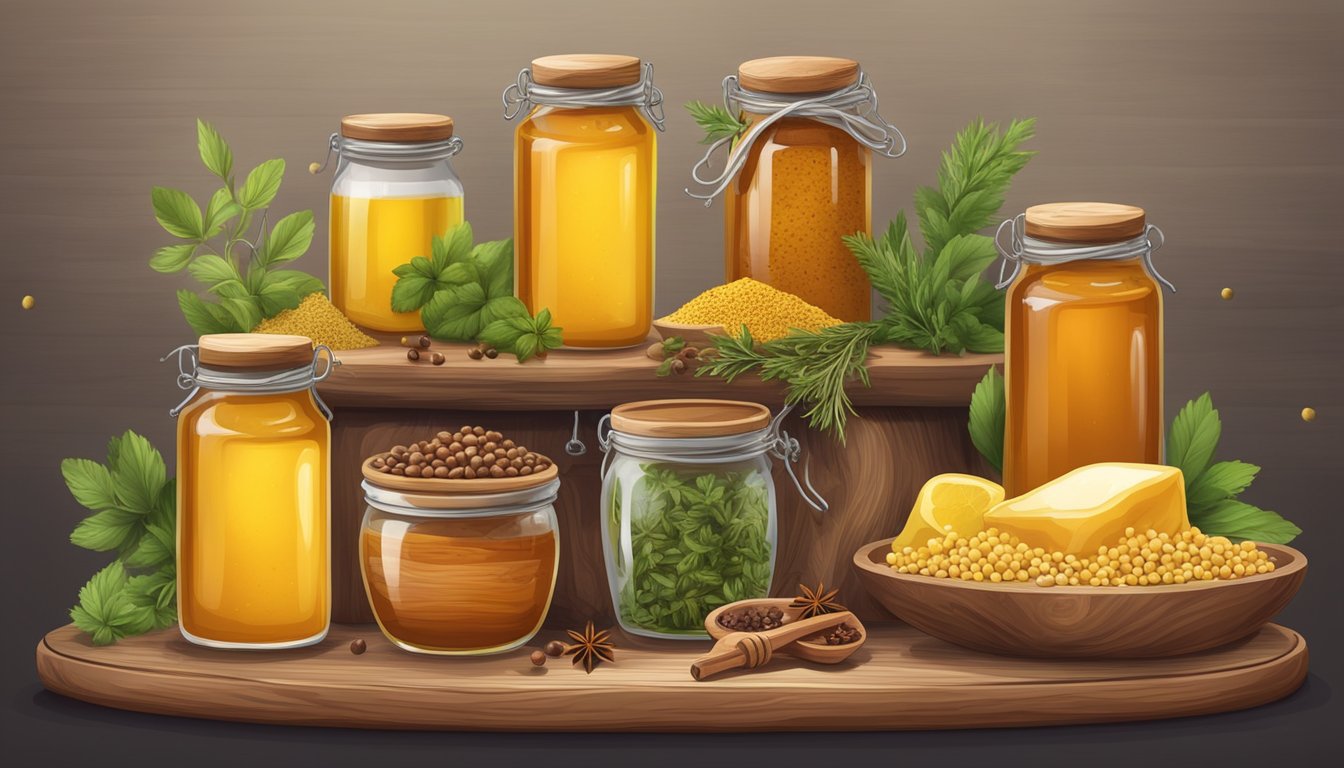 A wooden table with jars of honey, vinegar, and various spices, surrounded by mustard seeds and fresh herbs