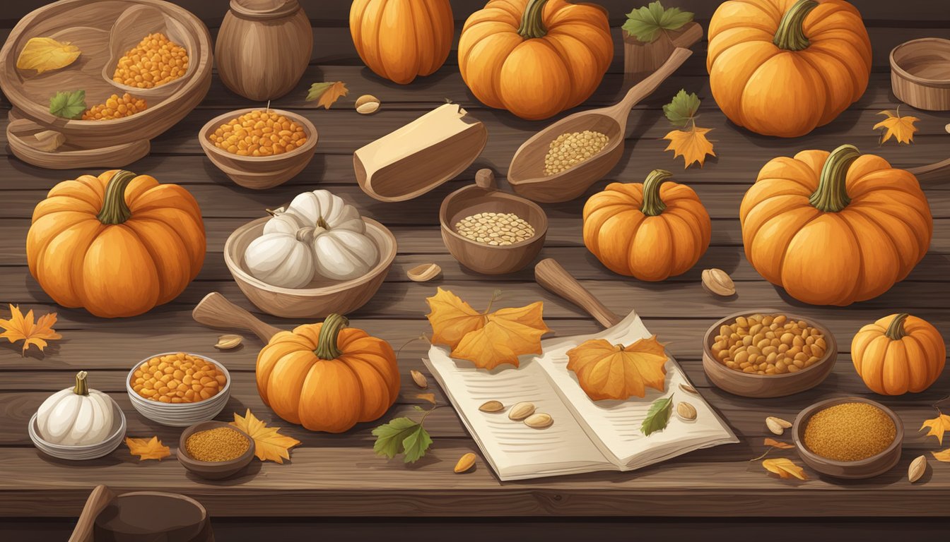 A collection of pumpkin-related items, such as pumpkins, seeds, and recipes, arranged on a rustic wooden table