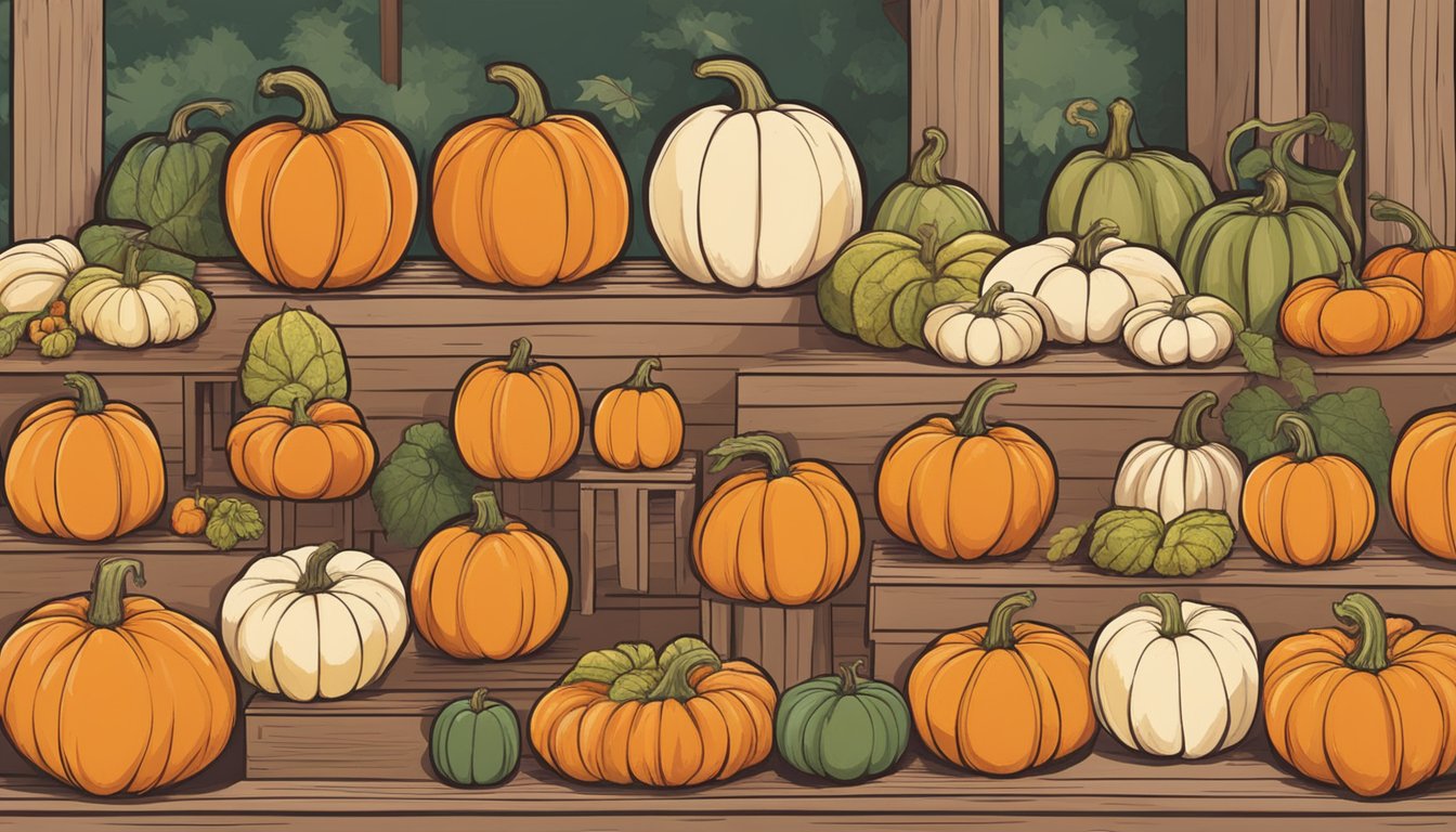 A variety of pumpkin substitutes displayed on a table at a farmers market. Different types and sizes are arranged for comparison