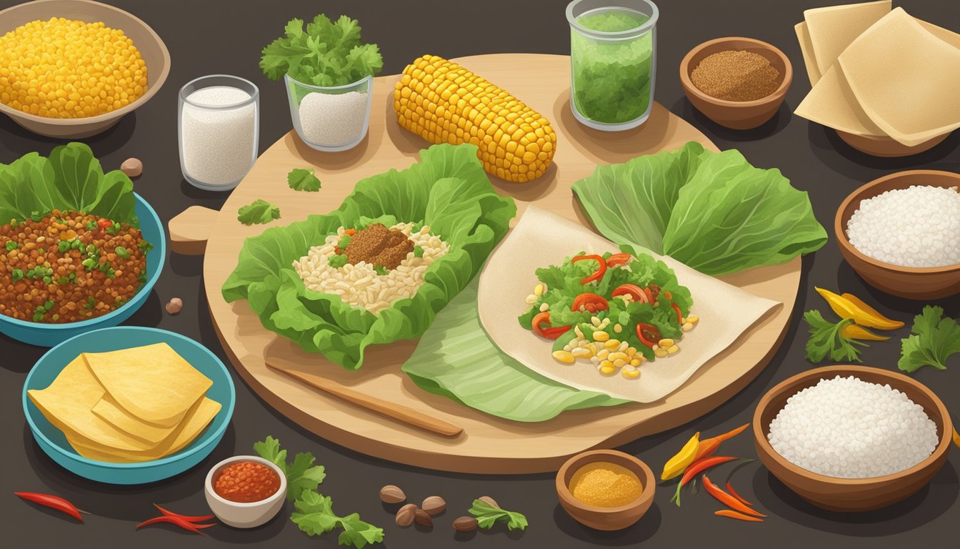 A table set with various alternatives to flour tortillas, such as lettuce leaves, rice paper wraps, and corn tortillas, surrounded by colorful ingredients and spices