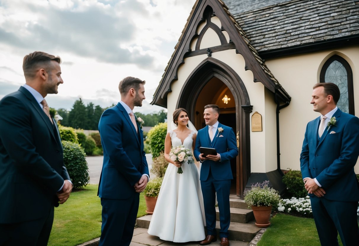 A couple stands at the entrance of a quaint church, discussing wedding costs and financial support, while a church official looks on