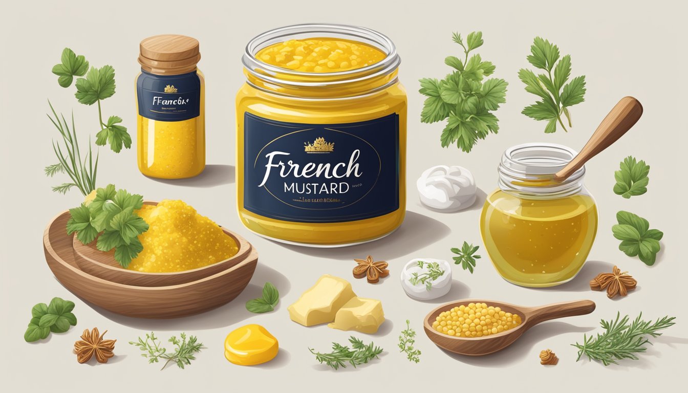 A jar of French mustard surrounded by various ingredients like honey, white wine, and herbs