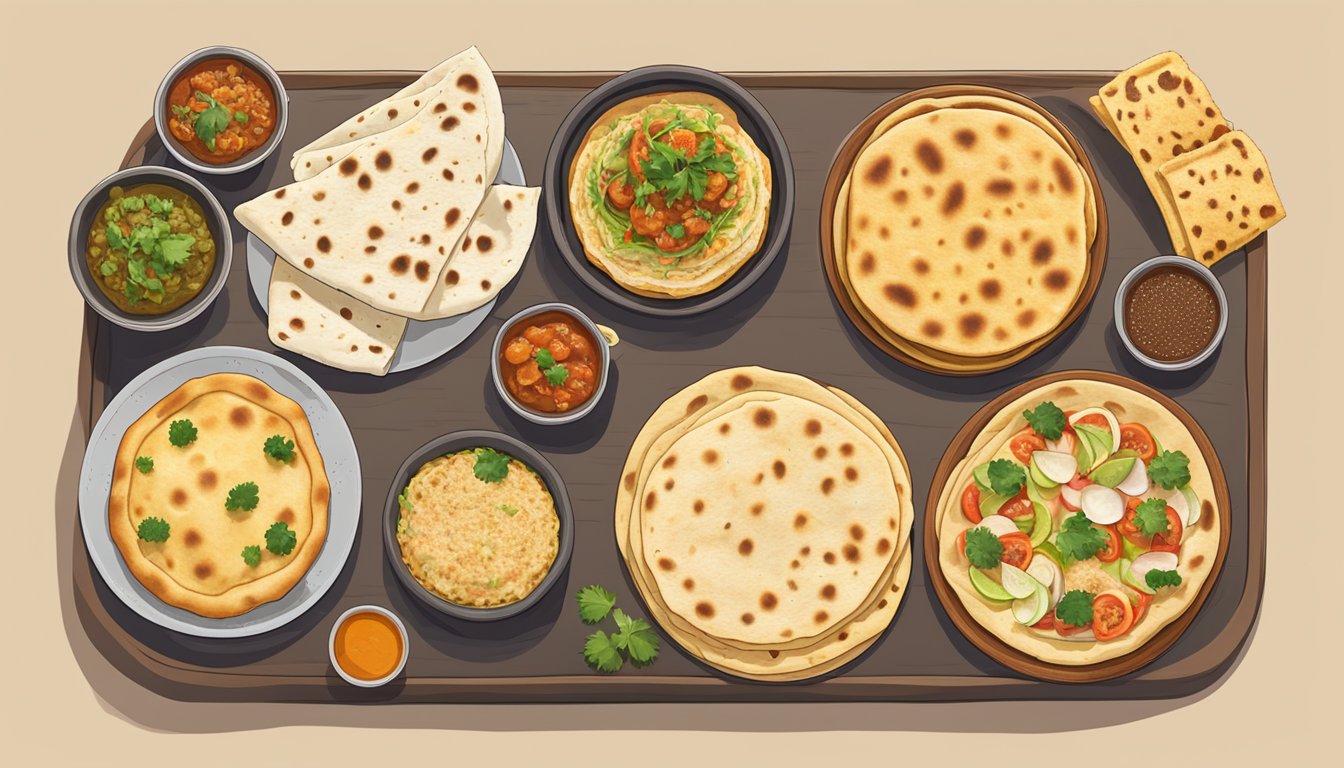 A table with various flatbreads from around the world, including naan, lavash, and injera, laid out in an organized and visually appealing display