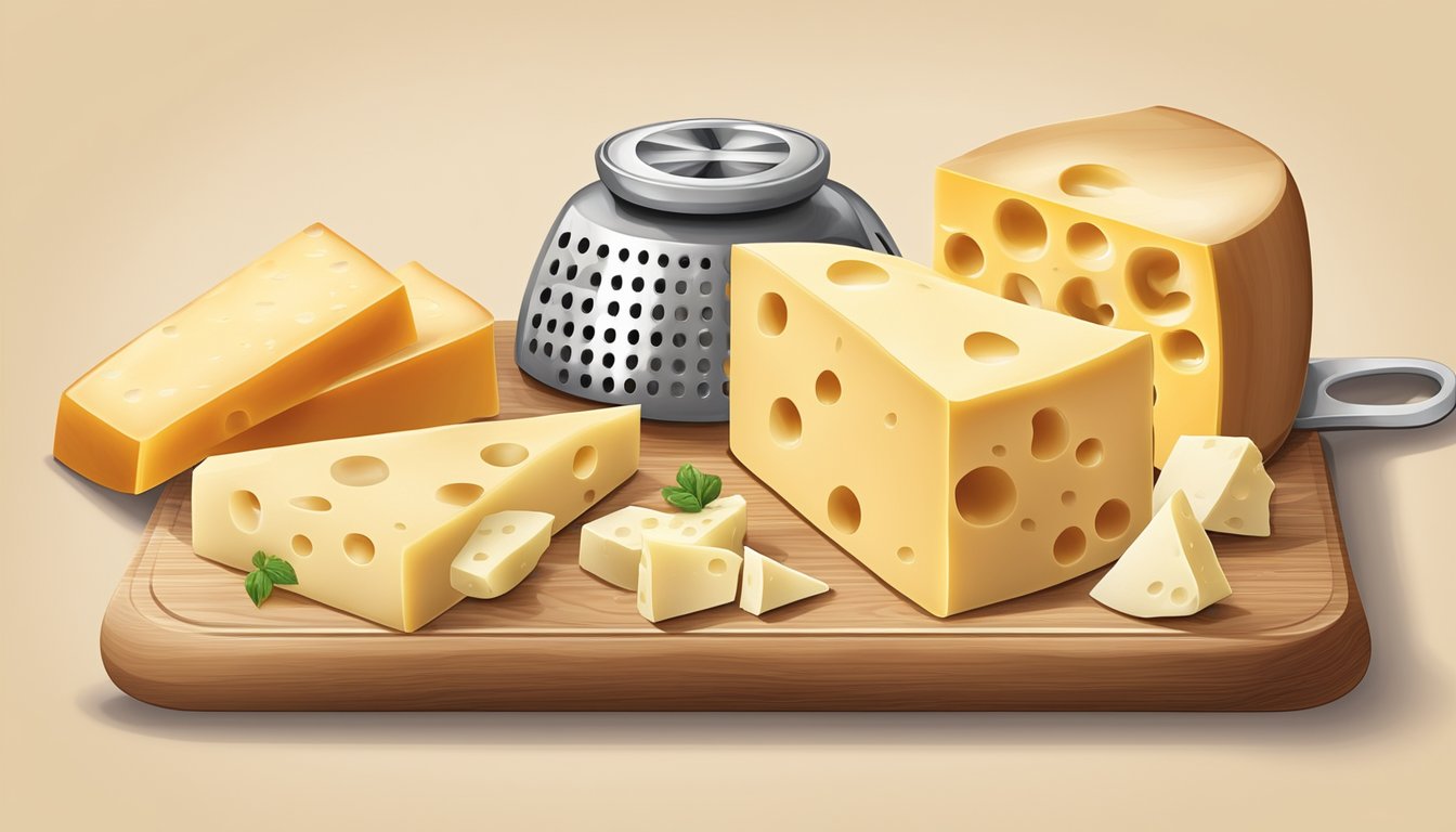 A wooden cutting board with a variety of cheese wedges, including Gruyere, Gouda, and Emmental, arranged next to a cheese grater and a small dish of honey