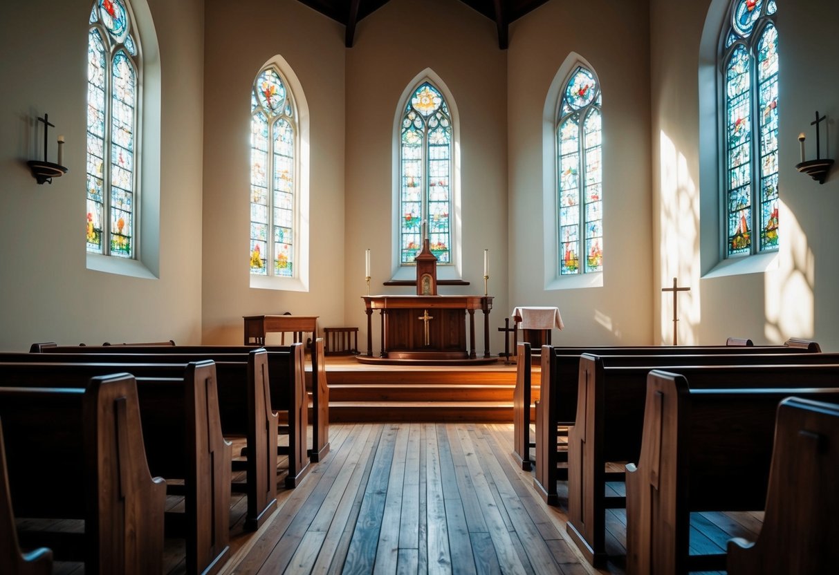 A serene church interior with a pulpit, bible, and empty pews. Sunlight streams through stained glass windows, casting colorful patterns on the wooden floors