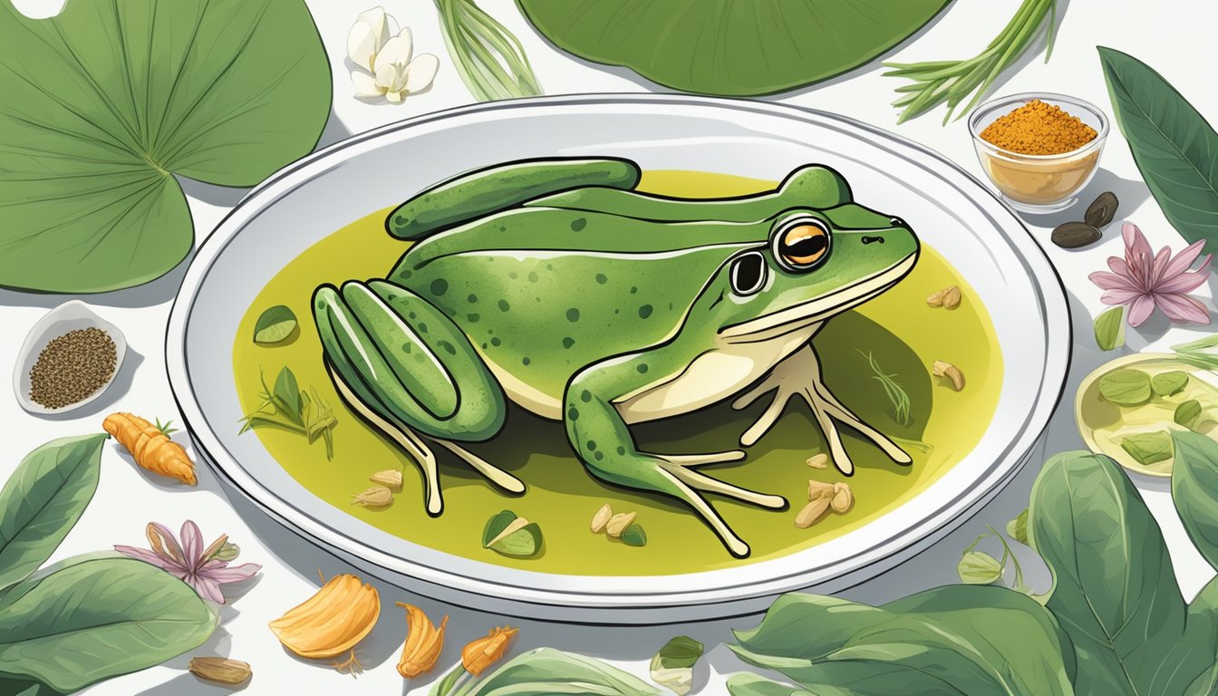 A frog sitting on a lily pad, with a plate of cooked frog legs next to it, surrounded by various herbs and spices