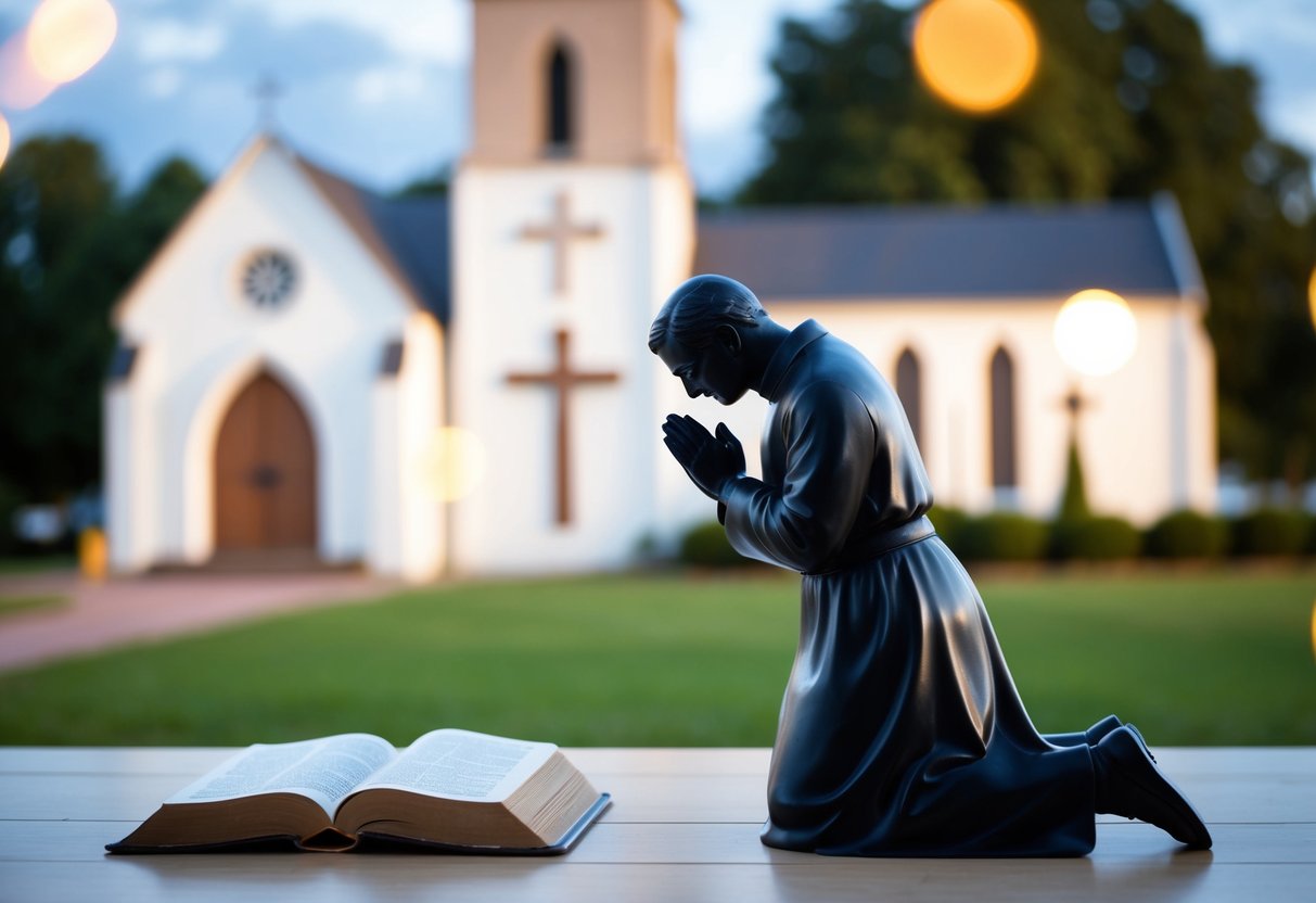 A figure kneeling in prayer beside a Bible, with a church and pastoral symbols in the background