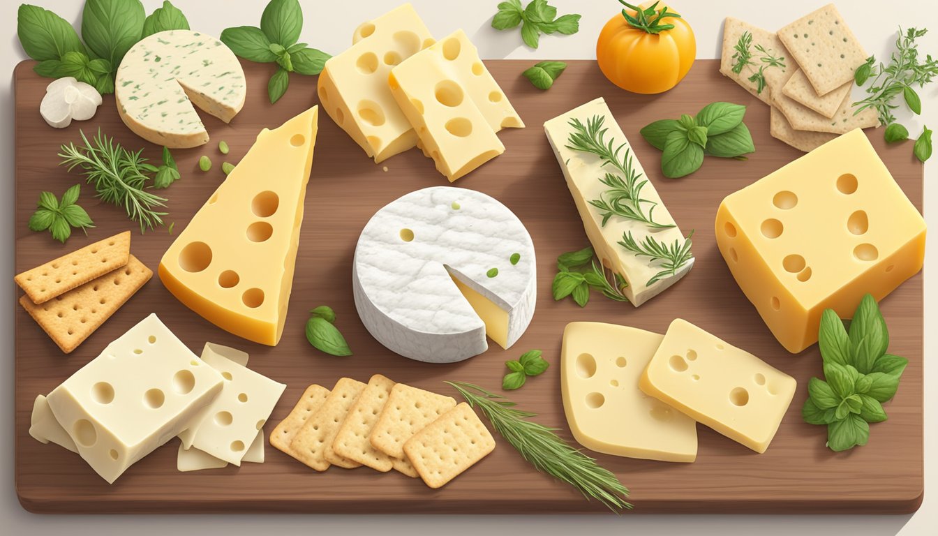 A variety of non-dairy cheese alternatives, including fontina substitutes, displayed on a wooden cutting board with fresh herbs and crackers