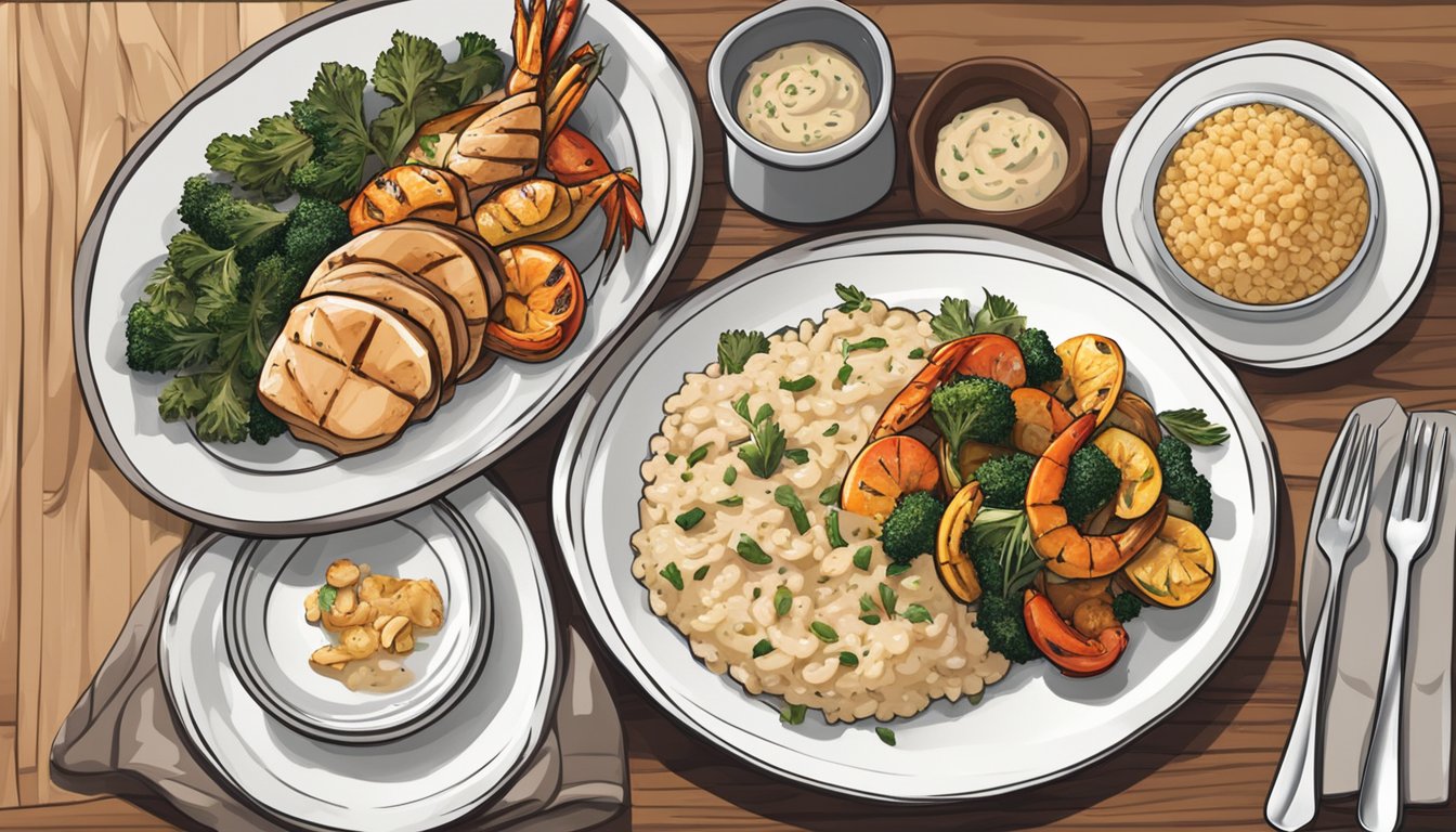 A plate of grilled chicken and roasted vegetables, with a side of sautéed shrimp and a bowl of creamy mushroom risotto