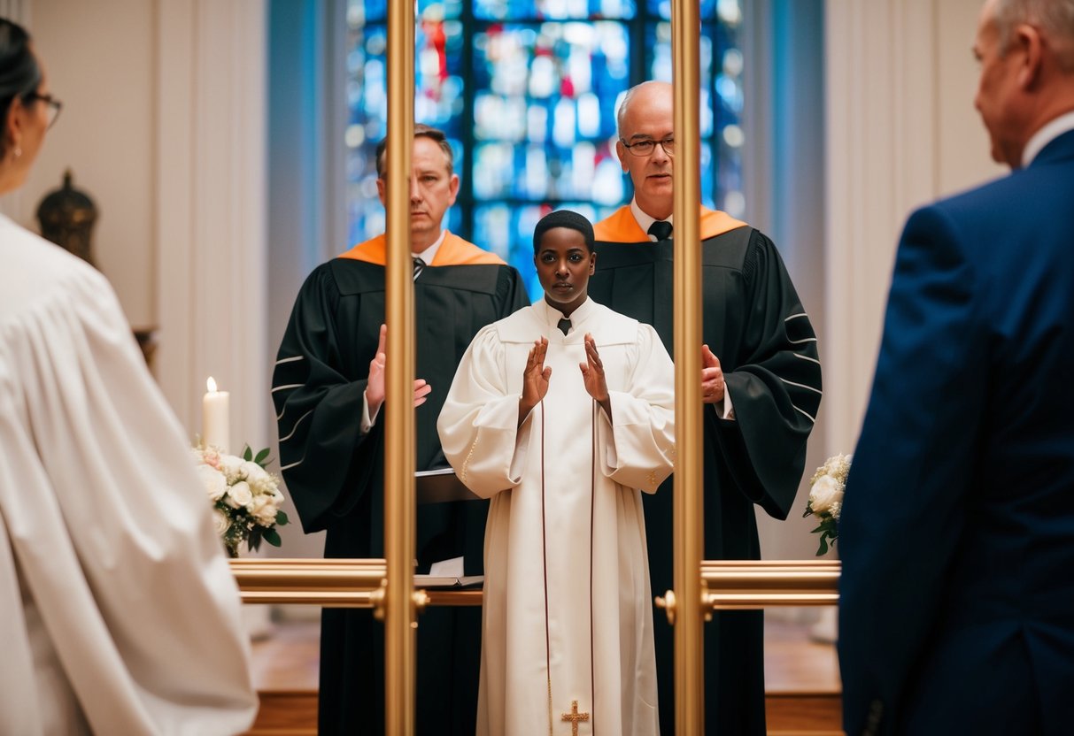 A figure stands before an officiant, mirroring their gestures and movements