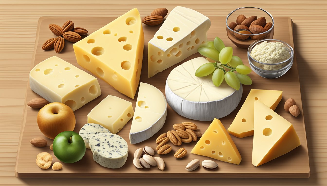 A display of non-Italian cheese varieties, including fontina cheese substitutes, arranged on a wooden board with accompanying fruits and nuts