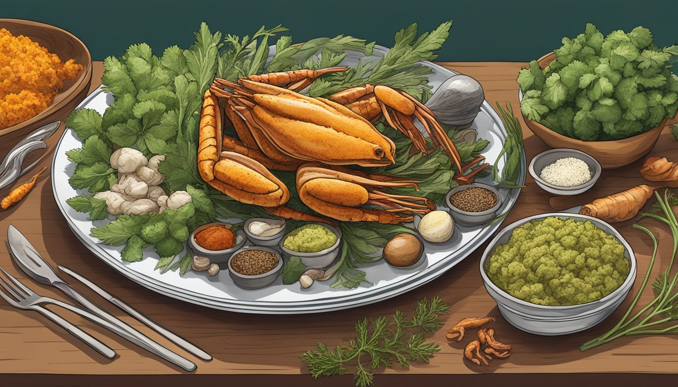 A variety of herbs, spices, and vegetables arranged around a plate of cooked frog legs, offering alternative flavors and seasonings