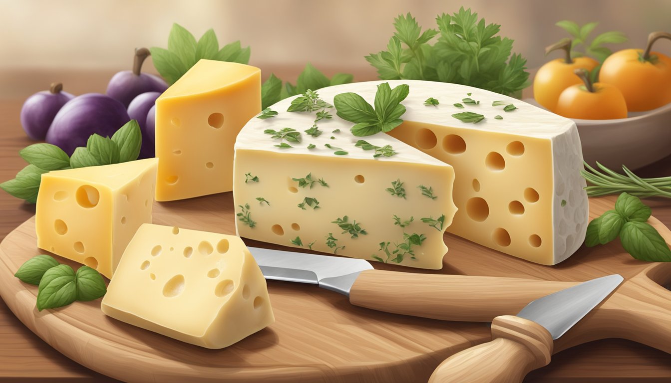 A variety of cheeses, including Gouda, Gruyère, and Emmental, arranged on a wooden cutting board with a cheese knife and some fresh herbs