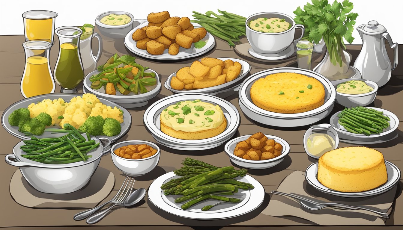 A table set with a variety of side dishes and accompaniments, such as mashed potatoes, asparagus, and cornbread, with frog legs as the main dish