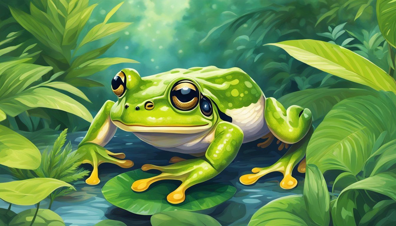 A frog happily hops through a lush, green forest, surrounded by vibrant plants and clear streams