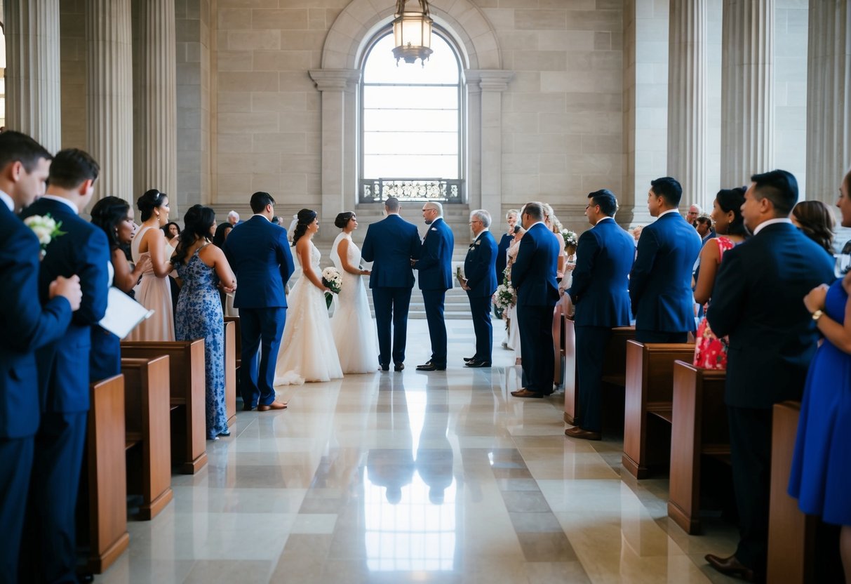 A bustling city hall with a line of couples waiting to be married by a justice of the peace