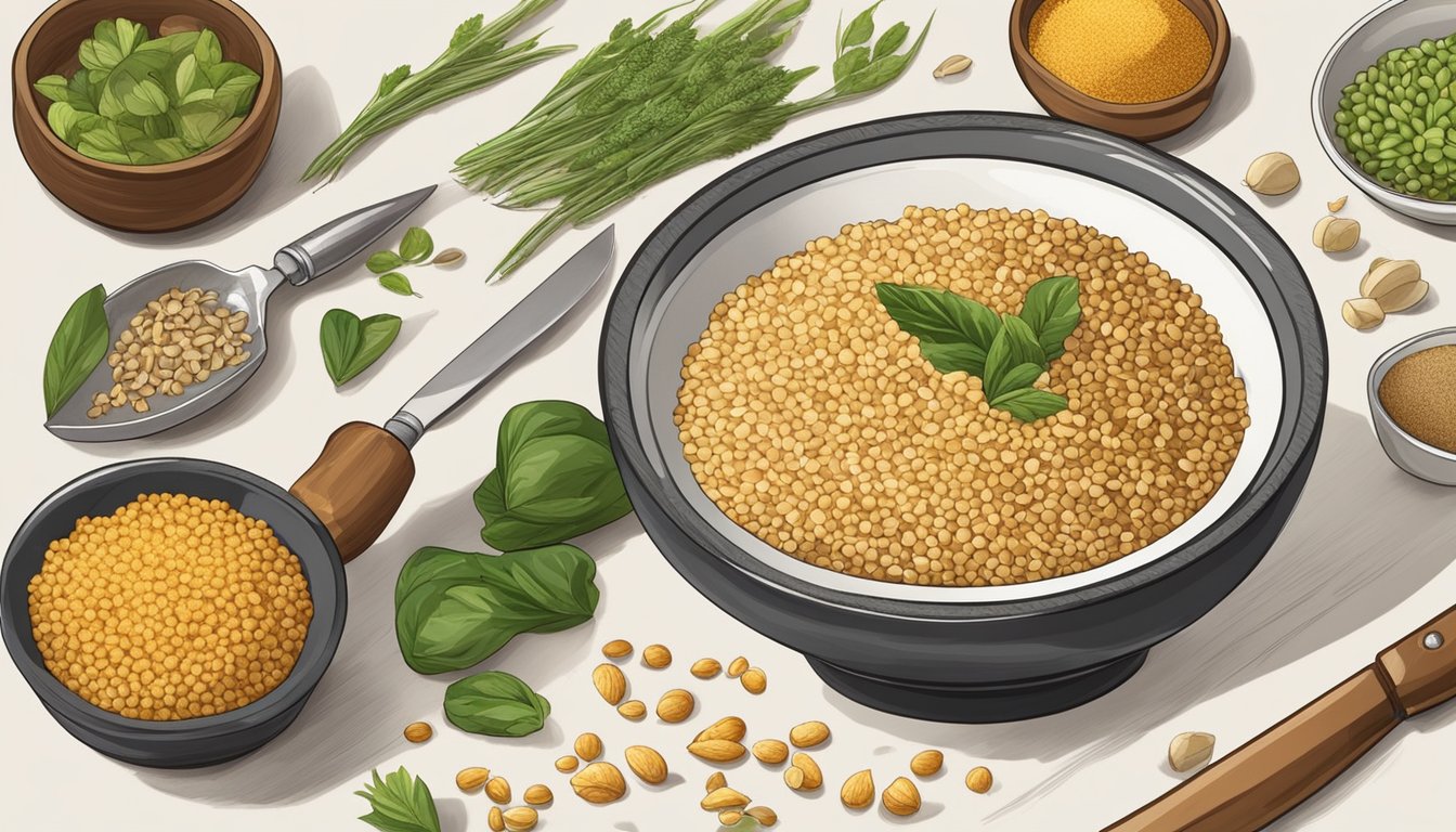 A bowl of cooked fonio surrounded by various grains and seeds, with a chef's knife and cutting board nearby for preparation