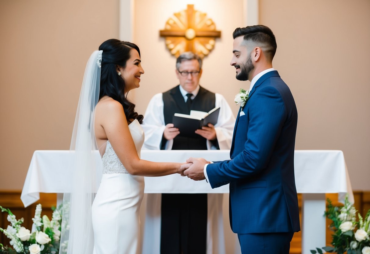 A couple stands at the altar, facing each other, with the officiant in the background. The couple holds hands and exchanges personalized vows
